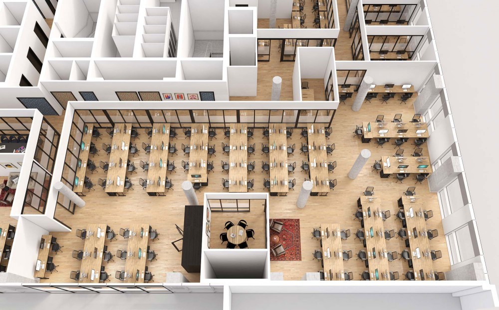 architectural conceptual axonometric rendering of office space in mindspace aldgate