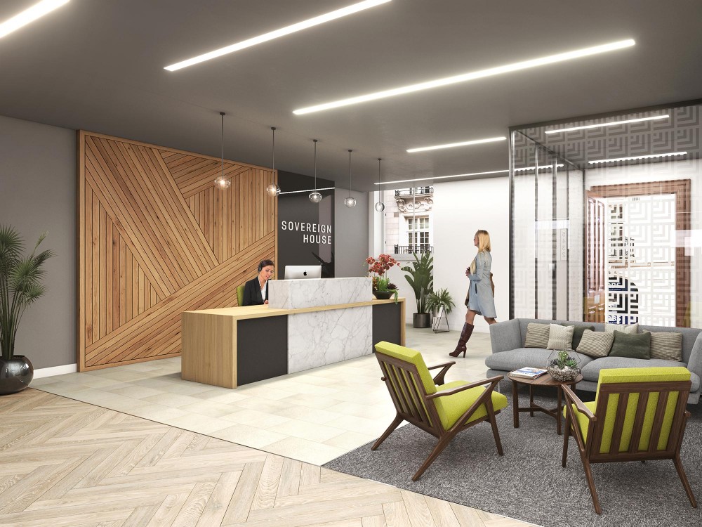 architectural interior CGI of sovereign house reception in leeds