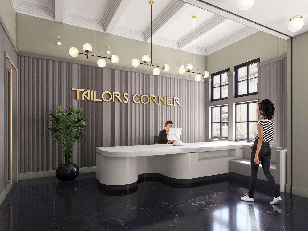 architectural interior CGI of tailors corner reception in leeds