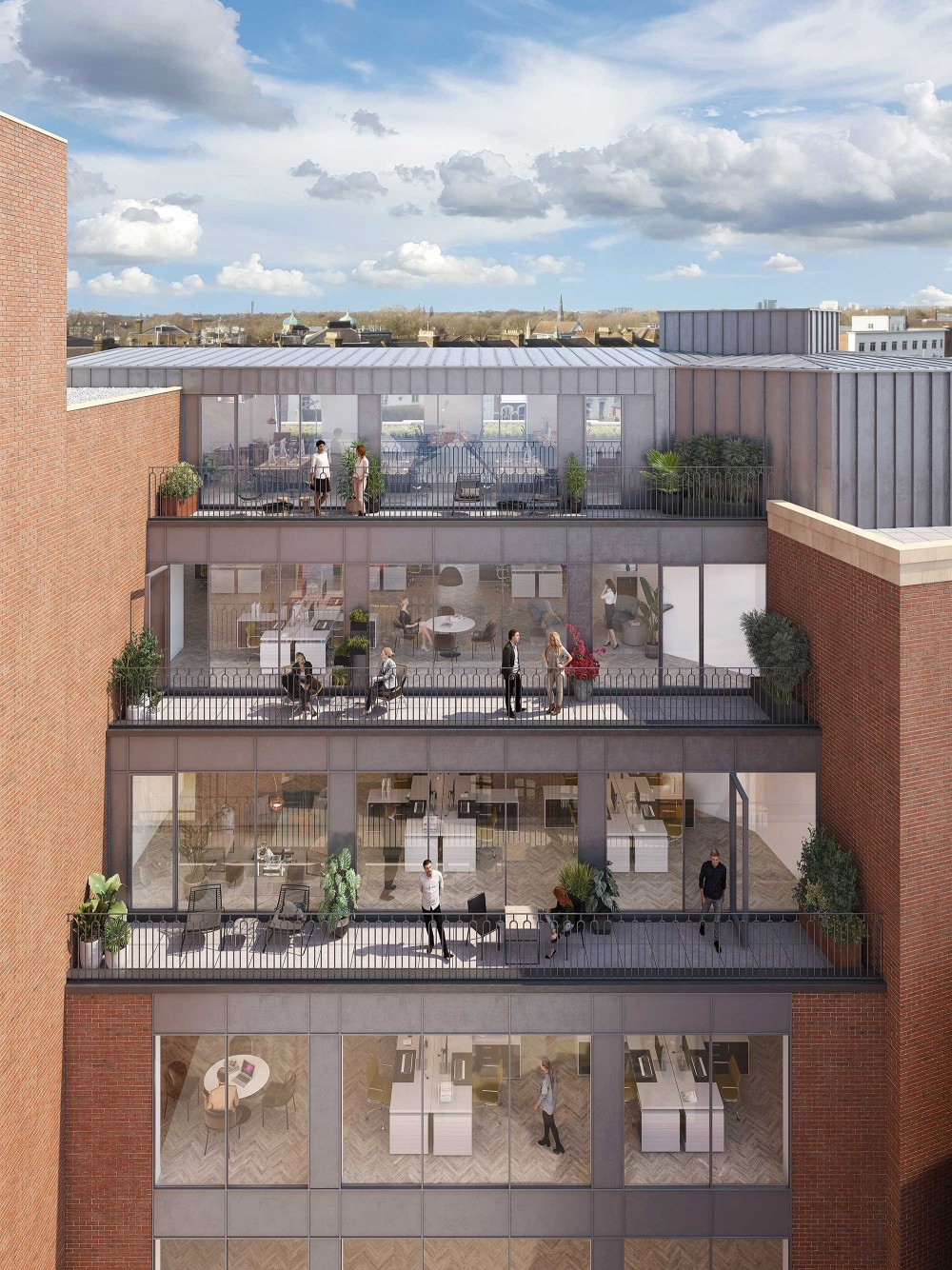 architectural exterior elevated fully CG birds eye view of frame works in richmond london